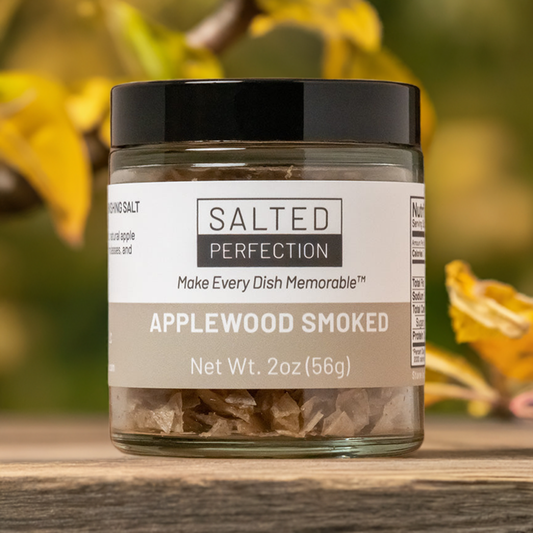 Jar of smoked salt in an orchard at autumn time