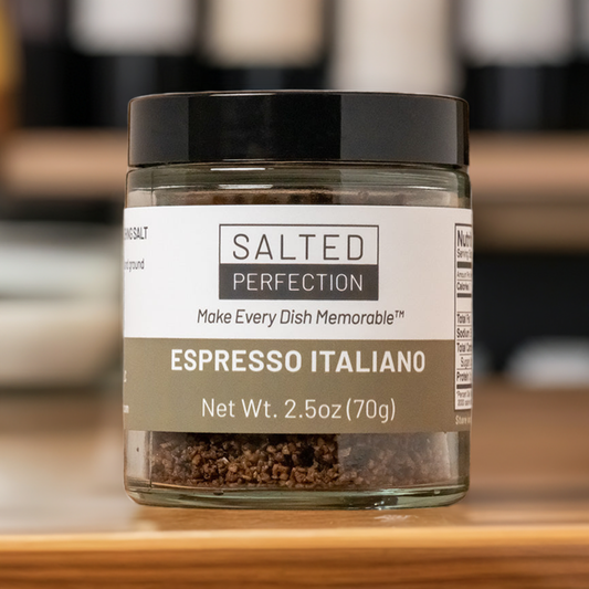 Jar of espresso salt on a table in an Italian cafe