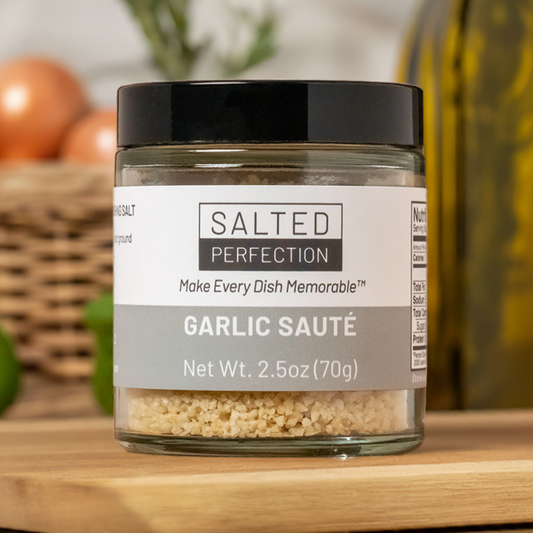 A jar of garlic salt on a table in a Mediterranean kitchen