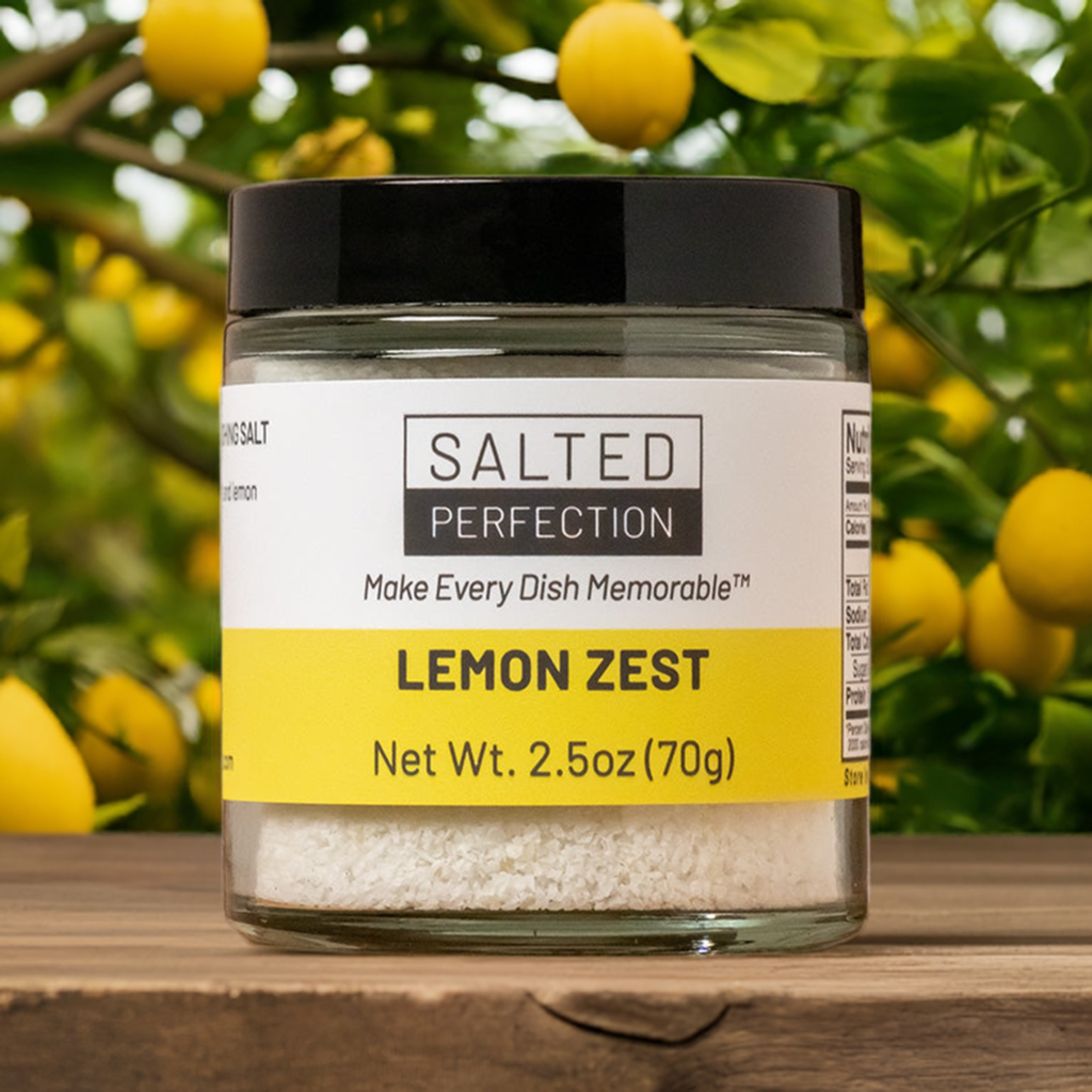 A jar of lemon salt on a table in a lemon grove