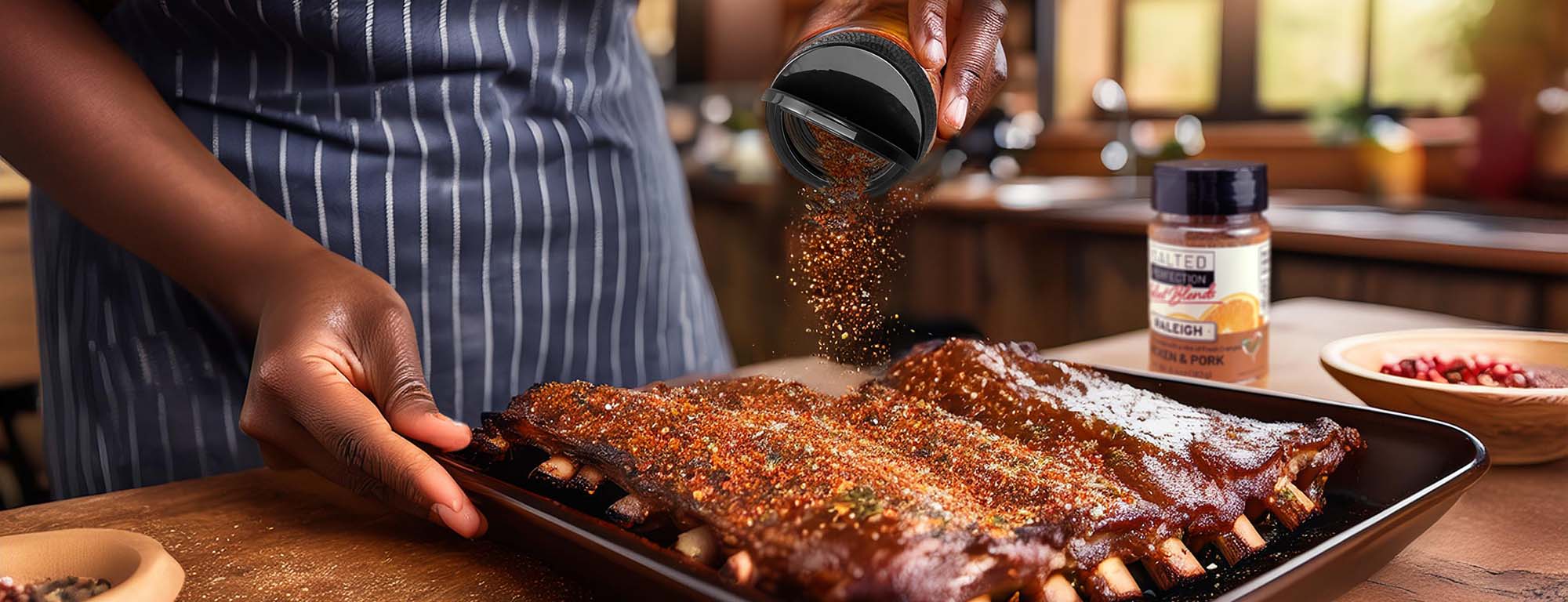 A woman sprinkling Raleigh Select Blend onto ribs for grilling