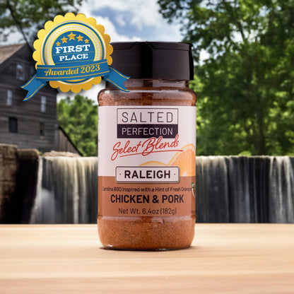 Photograph of Raleigh Select Blend seasoning in front of Yates Mill in Raleigh, North Carolina