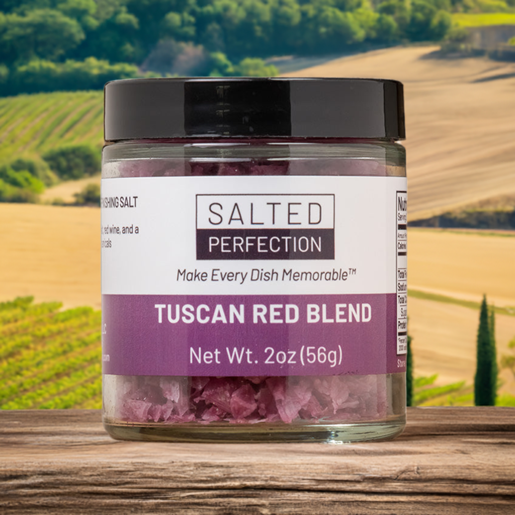 A jar of wine infused salt on a table in the hills of Tuscany