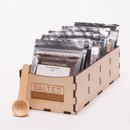 Salt sampler laser cut box with spoon and salt packets